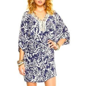 Lilly Pulitzer Wilda Caftan Tunic Dress Navy White Beaded 3/4 Sleeves Size XS